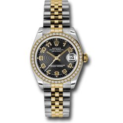  *Pre-Owned* Rolex Steel and Yellow Gold Datejust 31 Watch - 46 Diamond Bezel - Black Concentric Circle Arabic Dial - Jubilee Bracelet