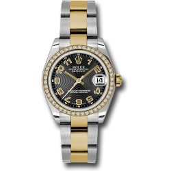  *Pre-Owned* Rolex Steel and Yellow Gold Datejust 31 Watch - 46 Diamond Bezel - Black Concentric Circle Arabic Dial - Oyster Bracelet