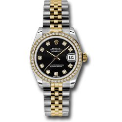  *Pre-Owned* Rolex Steel and Yellow Gold Datejust 31 Watch - 46 Diamond Bezel - Black Diamond Dial - Jubilee Bracelet