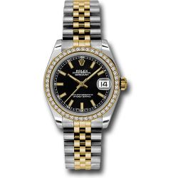  *Pre-Owned* Rolex Steel and Yellow Gold Datejust 31 Watch - 46 Diamond Bezel - Black Index Dial - Jubilee Bracelet