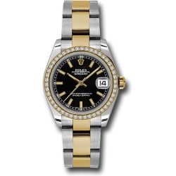  *Pre-Owned* Rolex Steel and Yellow Gold Datejust 31 Watch - 46 Diamond Bezel - Black Index Dial - Oyster Bracelet
