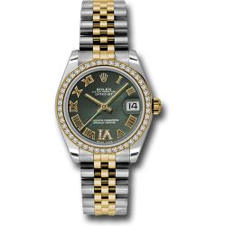  *Pre-Owned* Rolex Steel and Yellow Gold Datejust 31 Watch - 46 Diamond Bezel - Olive Green Diamond Roman Vi Roman Dial - Jubilee Bracelet