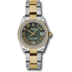 *Pre-Owned* Rolex Steel and Yellow Gold Datejust 31 Watch - 46 Diamond Bezel - Olive Green Diamond Roman Vi Roman Dial - Oyster Bracelet