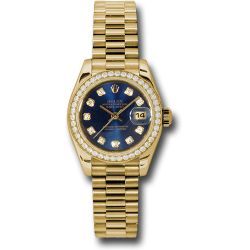  *Pre-Owned* Rolex Yellow Gold Lady-Datejust 26 Watch - 42 Diamond Bezel - Blue Diamond Dial - President Bracelet