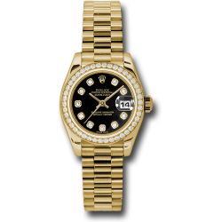 *Pre-Owned* Rolex Yellow Gold Lady-Datejust 26 Watch - 42 Diamond Bezel - Black Diamond Dial - President Bracelet