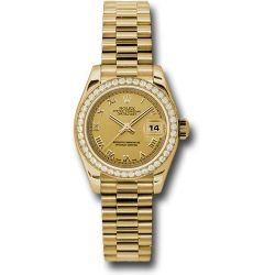 *Pre-Owned* Rolex Yellow Gold Lady-Datejust 26 Watch - 42 Diamond Bezel - Champagne Roman Dial - President Bracelet