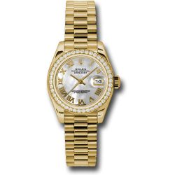  *Pre-Owned* Rolex Yellow Gold Lady-Datejust 26 Watch - 42 Diamond Bezel - Mother-Of-Pearl Roman Dial - President Bracelet