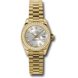  *Pre-Owned* Rolex Yellow Gold Lady-Datejust 26 Watch - 42 Diamond Bezel - Silver Diamond Dial - President Bracelet