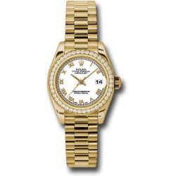  *Pre-Owned* Rolex Yellow Gold Lady-Datejust 26 Watch - 42 Diamond Bezel - White Roman Dial - President Bracelet