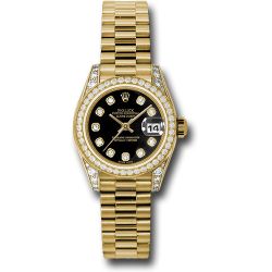  *Pre-Owned* Rolex Yellow Gold Lady-Datejust 26 Watch - 42 Diamond Bezel - Black Diamond Dial - President Bracelet