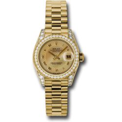  *Pre-Owned* Rolex Yellow Gold Lady-Datejust 26 Watch - 42 Diamond Bezel - Champagne Decorated Mother-Of-Pearl Roman Dial - President Bracelet