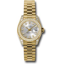  *Pre-Owned* Rolex Yellow Gold Lady-Datejust 26 Watch - 42 Diamond Bezel - Silver Diamond Dial - President Bracelet