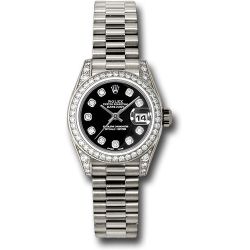  *Pre-Owned* Rolex White Gold Lady-Datejust 26 Watch - 42 Diamond Bezel - Black Diamond Dial - President Bracelet