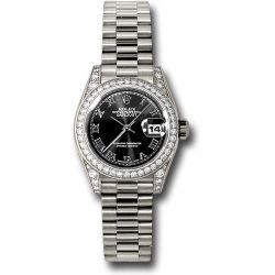  *Pre-Owned* Rolex White Gold Lady-Datejust 26 Watch - 42 Diamond Bezel - Black Roman Dial - President Bracelet