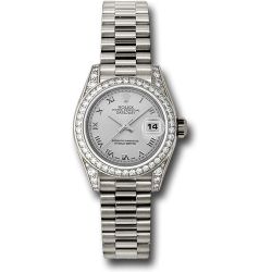  *Pre-Owned* Rolex White Gold Lady-Datejust 26 Watch - 42 Diamond Bezel - Silver Roman Dial - President Bracelet