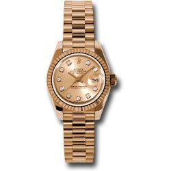  *Pre-Owned* Rolex Pink Gold Lady-Datejust 26 Watch - Fluted Bezel - Pink Champagne Diamond Dial - President Bracelet