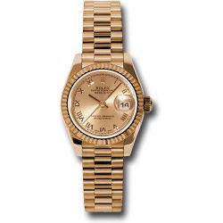  *Pre-Owned* Rolex Pink Gold Lady-Datejust 26 Watch - Fluted Bezel - Champagne Roman Dial - President Bracelet