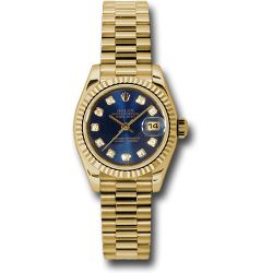  *Pre-Owned* Rolex Yellow Gold Lady-Datejust 26 Watch - Fluted Bezel - Blue Diamond Dial - President Bracelet