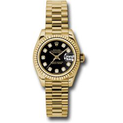  *Pre-Owned* Rolex Yellow Gold Lady-Datejust 26 Watch - Fluted Bezel - Black Diamond Dial - President Bracelet