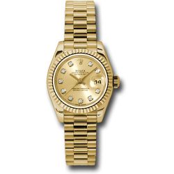  *Pre-Owned* Rolex Yellow Gold Lady-Datejust 26 Watch - Fluted Bezel - Champagne Diamond Dial - President Bracelet