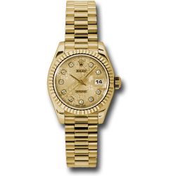  *Pre-Owned* Rolex Yellow Gold Lady-Datejust 26 Watch - Fluted Bezel - Champagne Jubilee Diamond Dial - President Bracelet