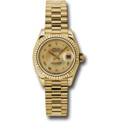  *Pre-Owned* Rolex Yellow Gold Lady-Datejust 26 Watch - Fluted Bezel - Champagne Decorated Mother-Of-Pearl Roman Dial - President Bracelet