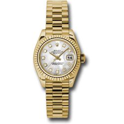  *Pre-Owned* Rolex Yellow Gold Lady-Datejust 26 Watch - Fluted Bezel - Mother-Of-Pearl Diamond Dial - President Bracelet