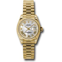  *Pre-Owned* Rolex Yellow Gold Lady-Datejust 26 Watch - Fluted Bezel - Mother-Of-Pearl Roman Dial - President Bracelet