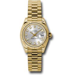  *Pre-Owned* Rolex Yellow Gold Lady-Datejust 26 Watch - Fluted Bezel - Silver Diamond Dial - President Bracelet