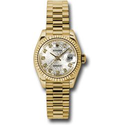  *Pre-Owned* Rolex Yellow Gold Lady-Datejust 26 Watch - Fluted Bezel - Silver Jubilee Diamond Dial - President Bracelet