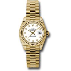  *Pre-Owned* Rolex Yellow Gold Lady-Datejust 26 Watch - Fluted Bezel - White Diamond Dial - President Bracelet