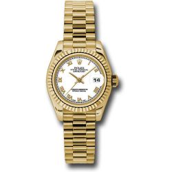  *Pre-Owned* Rolex Yellow Gold Lady-Datejust 26 Watch - Fluted Bezel - White Roman Dial - President Bracelet