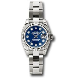  *Pre-Owned* Rolex White Gold Lady-Datejust 26 Watch - Fluted Bezel - Blue Diamond Dial - Oyster Bracelet