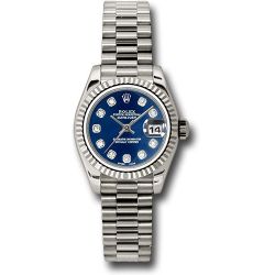  *Pre-Owned* Rolex White Gold Lady-Datejust 26 Watch - Fluted Bezel - Blue Diamond Dial - President Bracelet