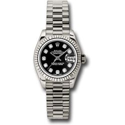  *Pre-Owned* Rolex White Gold Lady-Datejust 26 Watch - Fluted Bezel - Black Diamond Dial - President Bracelet