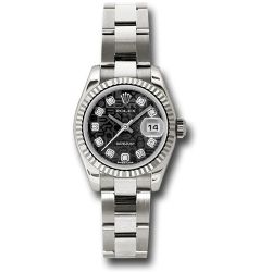   *Pre-Owned* Rolex White Gold Lady-Datejust 26 Watch - Fluted Bezel - Black Jubilee Diamond Dial - Oyster Bracelet