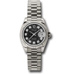  *Pre-Owned* Rolex White Gold Lady-Datejust 26 Watch - Fluted Bezel - Black Jubilee Diamond Dial - President Bracelet