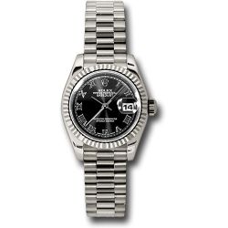  *Pre-Owned* Rolex White Gold Lady-Datejust 26 Watch - Fluted Bezel - Black Roman Dial - President Bracelet