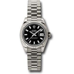  *Pre-Owned* Rolex White Gold Lady-Datejust 26 Watch - Fluted Bezel - Black Index Dial - President Bracelet