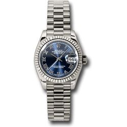  *Pre-Owned* Rolex White Gold Lady-Datejust 26 Watch - Fluted Bezel - Blue Roman Dial - President Bracelet