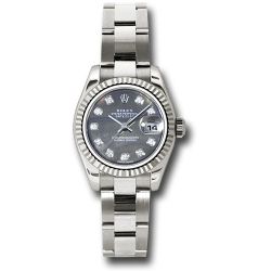  *Pre-Owned* Rolex White Gold Lady-Datejust 26 Watch - Fluted Bezel - Black Mother-Of-Pearl Diamond Dial - Oyster Bracelet