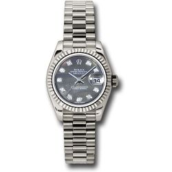  *Pre-Owned* Rolex White Gold Lady-Datejust 26 Watch - Fluted Bezel - Black Mother-Of-Pearl Diamond Dial - President Bracelet