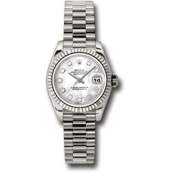   *Pre-Owned* Rolex White Gold Lady-Datejust 26 Watch - Fluted Bezel - Mother-Of-Pearl Diamond Dial - President Bracelet