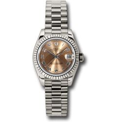  *Pre-Owned* Rolex White Gold Lady-Datejust 26 Watch - Fluted Bezel - Pink Roman Dial - President Bracelet