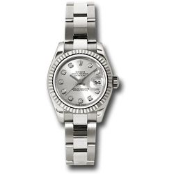  *Pre-Owned* Rolex White Gold Lady-Datejust 26 Watch - Fluted Bezel - Silver Diamond Dial - Oyster Bracelet