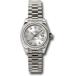  *Pre-Owned* Rolex White Gold Lady-Datejust 26 Watch - Fluted Bezel - Silver Diamond Dial - President Bracelet