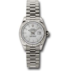  *Pre-Owned* Rolex White Gold Lady-Datejust 26 Watch - Fluted Bezel - Silver Index Dial - President Bracelet