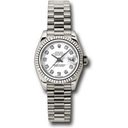  *Pre-Owned* Rolex White Gold Lady-Datejust 26 Watch - Fluted Bezel - White Diamond Dial - President Bracelet