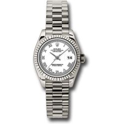   *Pre-Owned* Rolex White Gold Lady-Datejust 26 Watch - Fluted Bezel - White Roman Dial - President Bracelet