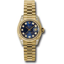  *Pre-Owned* Rolex Yellow Gold Lady-Datejust 26 Watch - Fluted Bezel - Blue Diamond Dial - President Bracelet